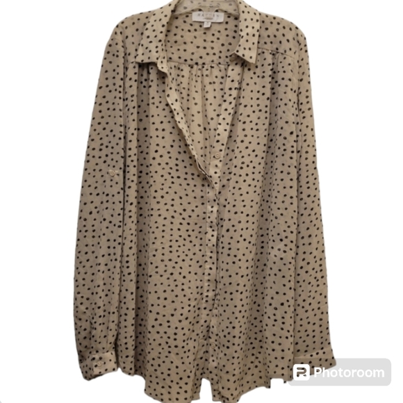 Hayden Los Angeles Tan Black Polka Dot Long Sleeve Blouse Size Medium - Picture 1 of 10